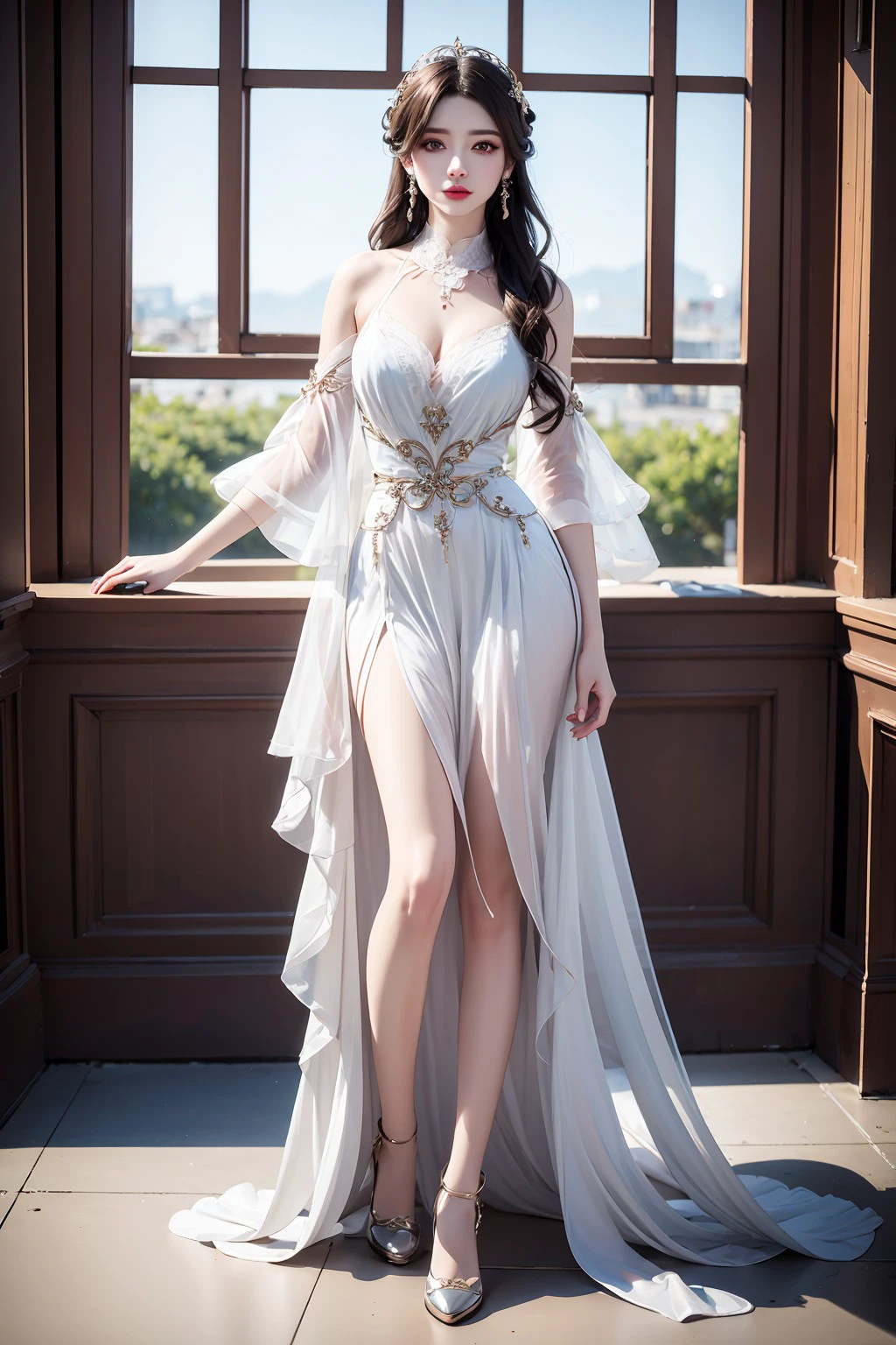 4K Ultra HD, Masterpiece, Cute  s, Nice face, Detailed Eyes, Liquid Lipstick, Long hair, Hair spreads, necklaces, beautiful dress, long dress, wedding dress, Gold, highlights, lighting effects, glittering, realistic background, Natural background, blossom, sunlights, mountains, Full-body capture, You can see the bridge, in the castle, view from side, Glass slippers