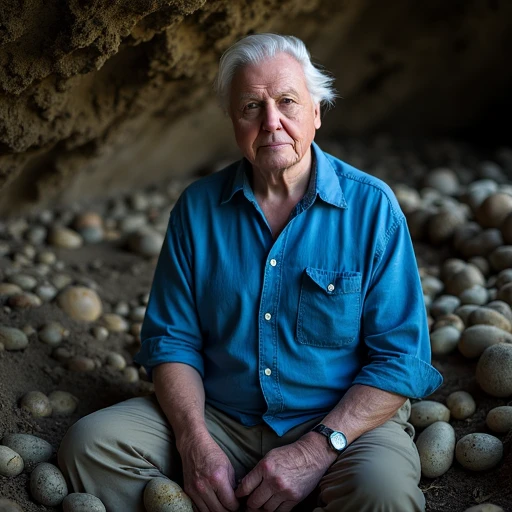 an image of david attenborough wearing a blue shirt standing in a cave full of alien eggs