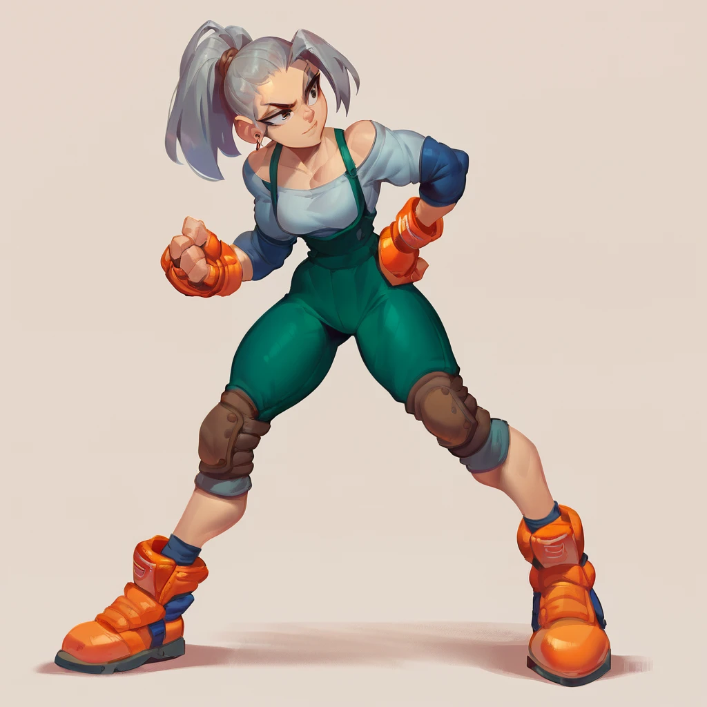 score_9, score_8_up, score_7_up, score_6_up, <lora:Epon_Tobal_-_PonyXL:0.75> solo, 1girl, epon, gloves, knee pads, fingerless gloves, earrings, full body, orange footwear, ponytail, simple background, hand on hip, grey hair, orange gloves, collarbone, dark green overalls, default outfit, grey shirt, elbow pads, blue elbow pads, dynamic pose, fighting stance, confident, smirk, face focus  <lora:boni:1> <lora:princess_xl_v1:1>