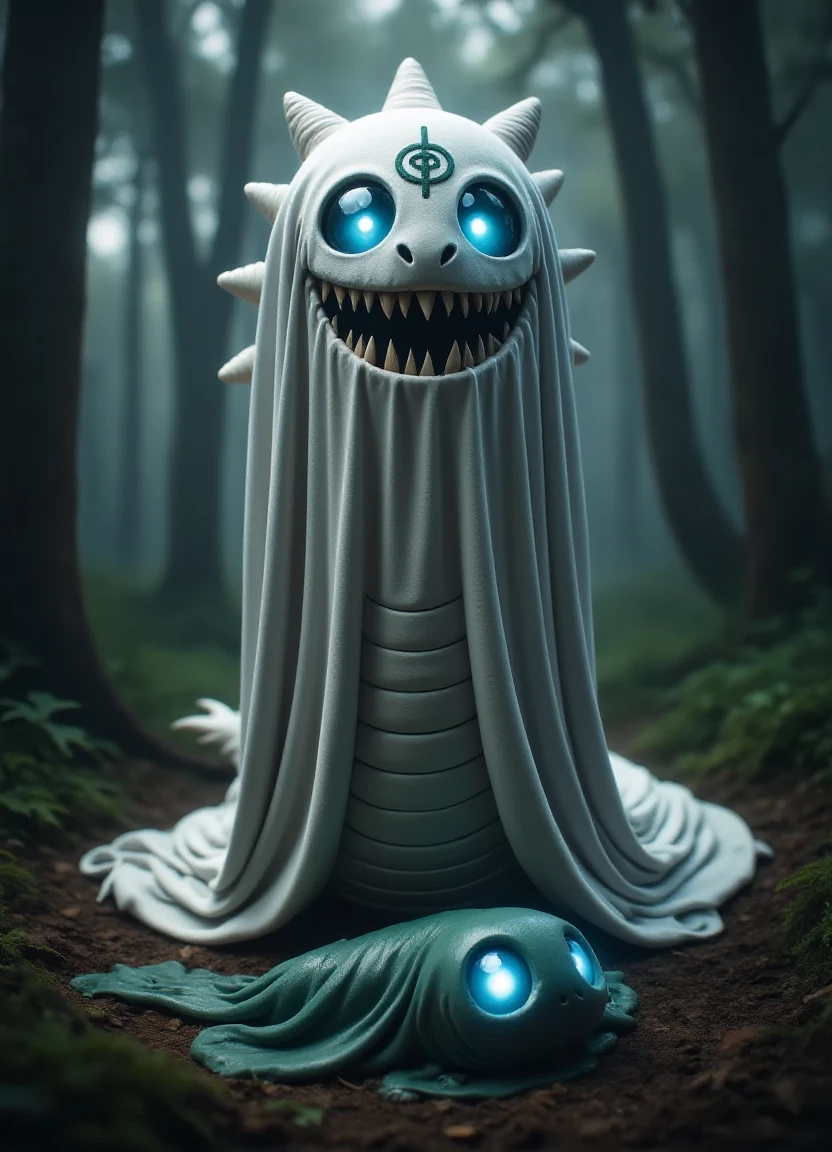 A surreal and mysterious being emerges from a misty forest, its body resembling a cross between a snake and a dragon, with glowing blue eyes and a twisted, nightmarish grin. It wears a tattered white costume that seems to shimmer and ripple like the surface of a pond. In front of it lies a slimy caecilian corpse, a strange and foreboding symbol on its forehead seems to pulse with an otherworldly energy.