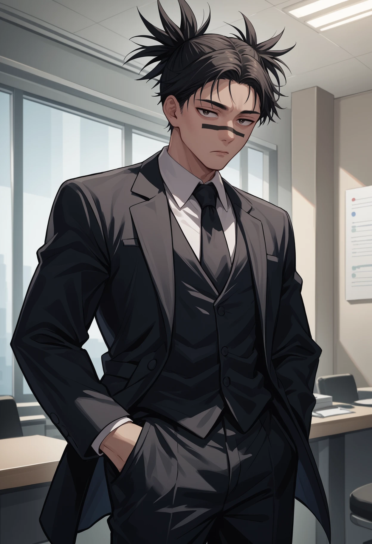 score_9, score_8_up, score_7_up, source_anime, <break> solo, male focus, 1boy, choso, facial tattoo, expressionless, looking at you, standing, hand in pocket, short hair, black hair, short twintails, formal, black suit, black jacket, suit jacket, open jacket, long sleeves, vest, white shirt, collared shirt, black necktie, black pants, indoors, office
<segment:yolo-face_yolov8m.pt,0.4,0.5//cid=1>