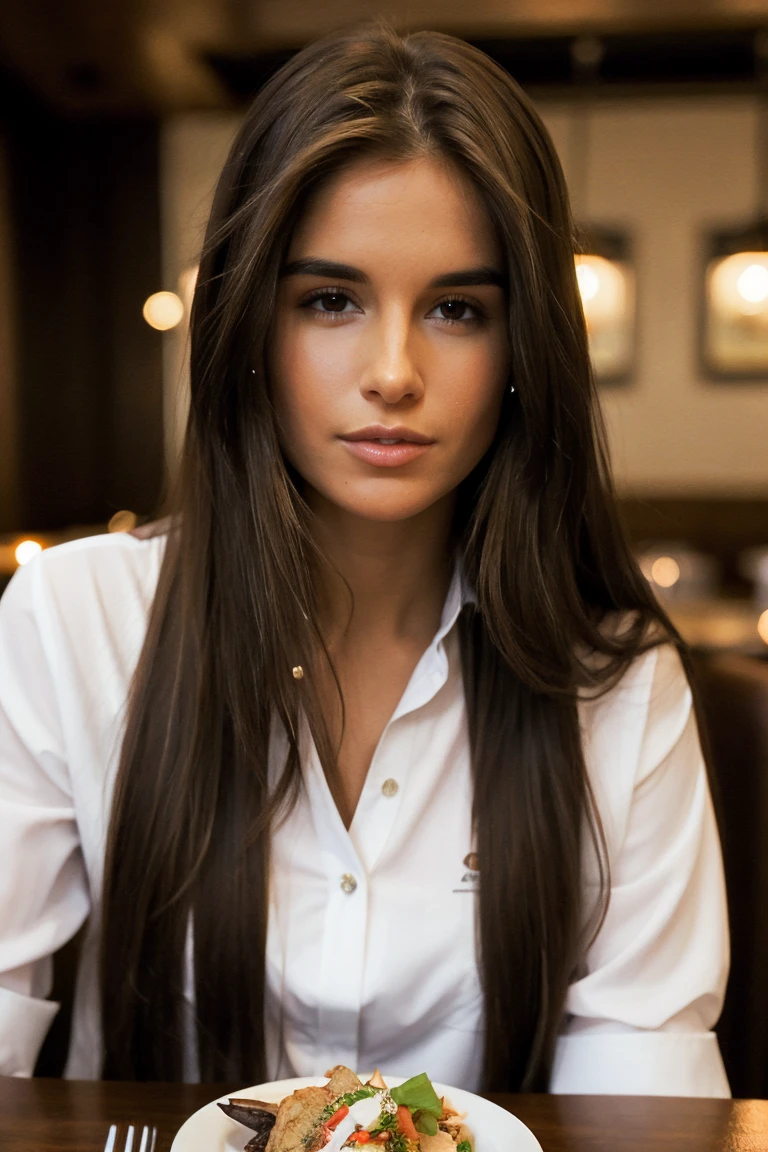 photo of n3ssadev1l, long hair, brown hair, brown eyes, Shirt at Restaurant Dinner, <lora:n3ssadev1l:1>