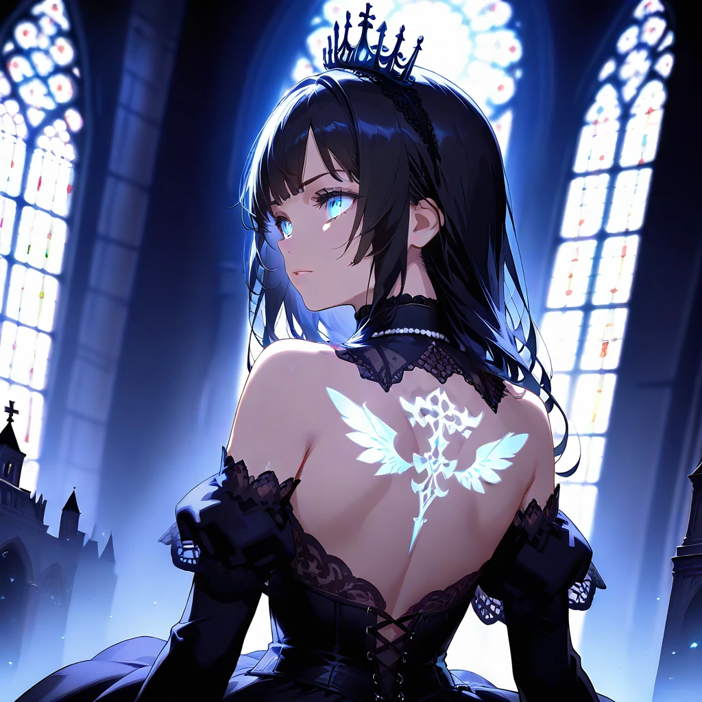 long hair, black hair, blue eyes, crown, 
gothic, 
bare shoulders, looking back, wariza, close-up, cinematic lighting, gothic church, 
back tattoo, glowing tattoo, glowing, 
(masterpiece:1.2), (best quality:1.2), (very aesthetic:1.2), (absurdres:1.2), (detailed background), (extremely detailed), newest,
official art,