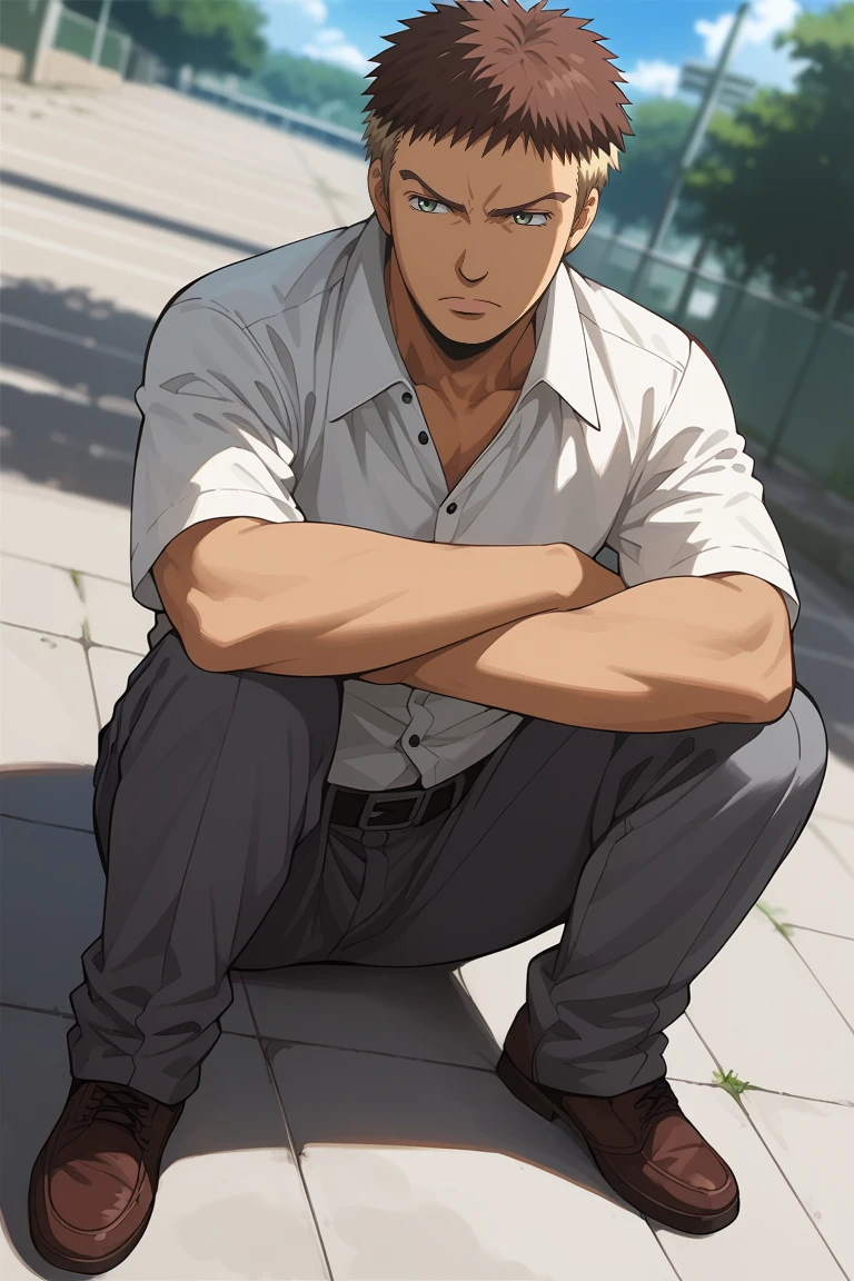 score_9, score_8_up, score_7_up, source_anime, rating_questionable, day natural lighting, male focus, manly, full body, sitting, looking away, crossed arms, TerasakaAC, brown-blonde_Terasaka_two-tone short hair, green_Terasaka_eyes, white-black_Terarsaka_shirt, grey_Terasaka_pants, black-grey_Terasaka_belt, reddish brown_Terasaka_shoes, spread legs, furrowed brows, serious, annoyed, 1boy, blurry outdoors, dutch angle, intricately detailed illustration, atmospheric perspective, depth of field, realistic shading