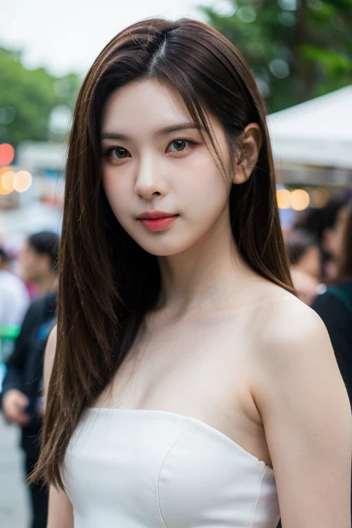 masterpiece, best quality, ultra-detailed, ultra high res, (photorealistic:1.4), raw photo, (realistic:0.2), 8k HDR, realistic cool temperature lighting, (asian:0.2), 1girl, solo, asymmetrical hair, outdoor, day, (traditional market:1.2), bokeh, (detailed lips), (detailed pores), (detailed skin textures), (detailed face:1.2), (upper body:1.2), a woman in a white strapless tube dress, promotional image, a character portrait,