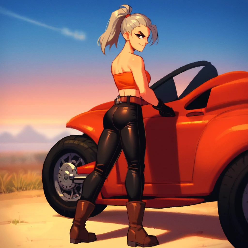 score_9, score_8_up, score_7_up, score_6_up, <lora:Epon_Tobal_-_PonyXL:0.6> solo, 1girl, epon, gloves, boots, from behind, pants, motor vehicle, day, sky, ground vehicle, grey hair, tube top, bandeau, black pants, leather pants, biker outfit, strapless, ponytail, black gloves, standing, ass, belt, looking at viewer, dynamic pose, dynamic angle, smirk,<lora:princess_xl_v1:1>  <lora:wraith_style:1>