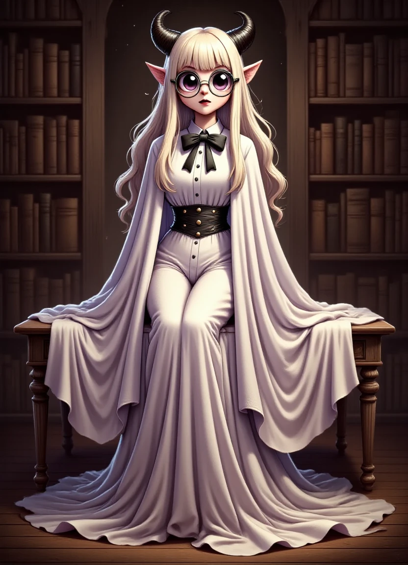 A spooky yet stylish librarian girl wearing a white ghost costume with horns and round glasses and blonde hair sits on a DonM5H3375FX bookshelf