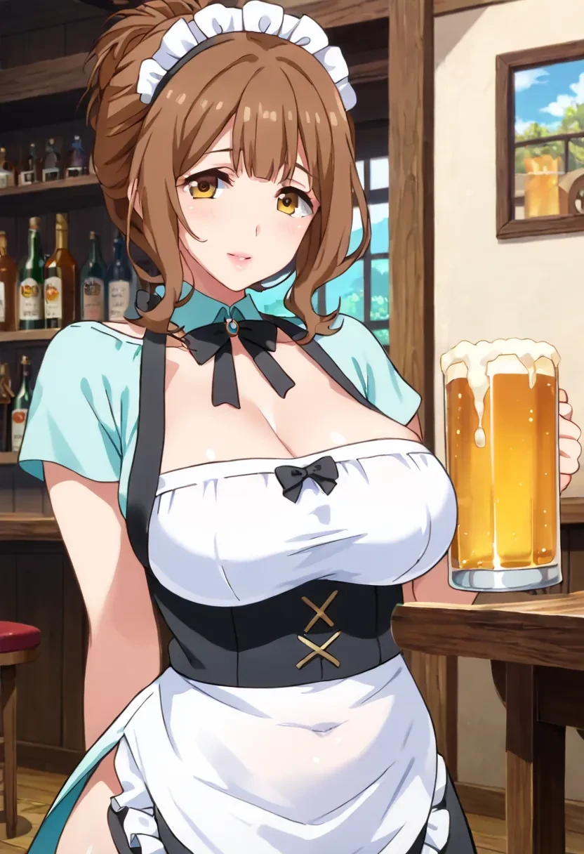 score_9, score_8_up, score_7_up, score_6_up,
masterpiece,

1girl, solo,

Kazami Torino, brown hair, breasts, brown eyes, looking at viewer, mature female,

maid, beer, bar, holding beer,