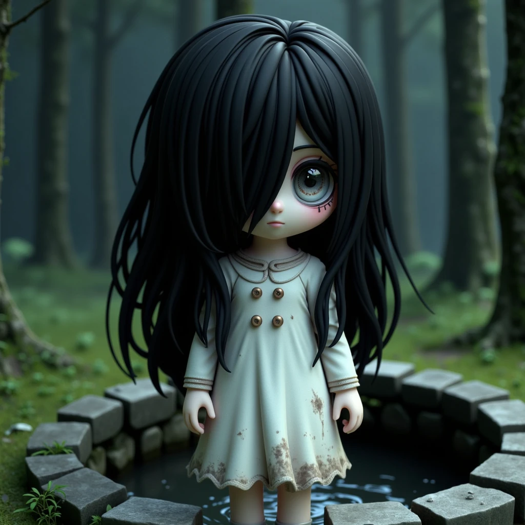 This is a 3d image that depicts a cute little Sadako Yamamura from the Ringu film series. She is wearing dirty white dress and hes her long black hair onscuring her face. Her eye are covered by her hair. She is standing near a well in a forest.