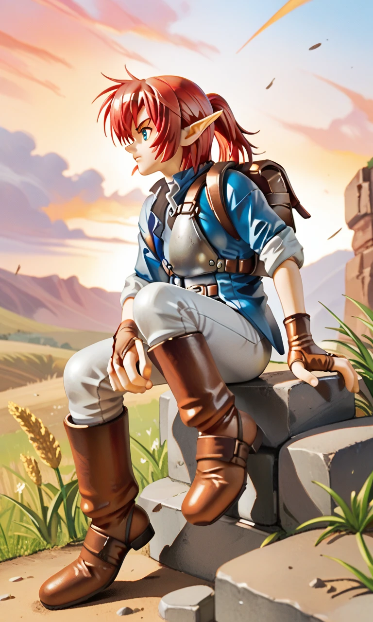 score_9, score_8_up, score_7_up,Alundra, red hair, short ponytail, bangs, pointy ears, blue eyes, blue jacket, white cuffs, gray undershirt, steel half-breastplate, fingerless gloves, backpack, leather belt, white pants, knee-high leather boots, grassland, sunset