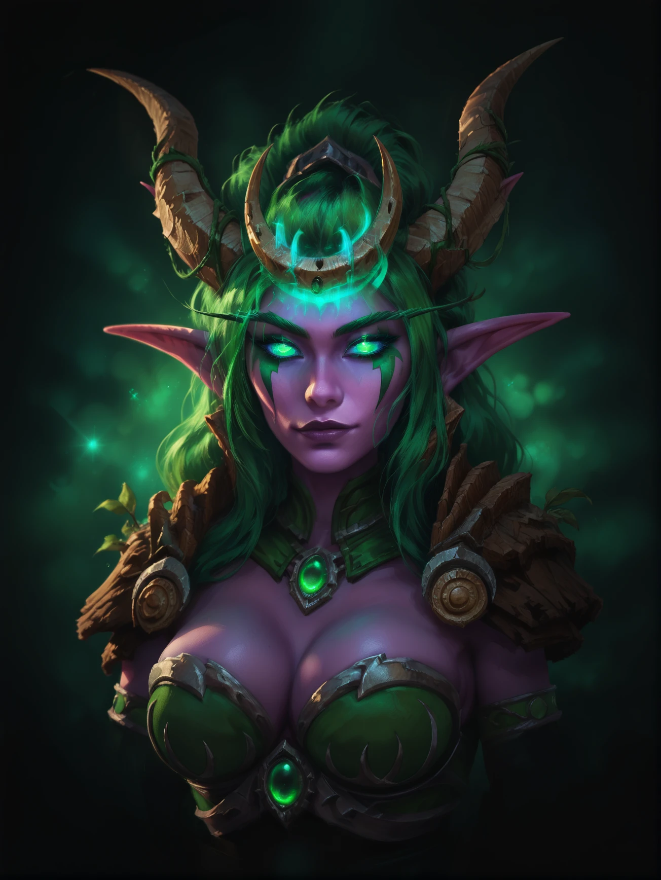 score_9, score_8_up, score_7_up, source_cartoon
BREAK
best aesthetic, High-Res, Masterpiece, High Quality,
portrait, dimlight, sexy, looking at viewer, backlight,
 <lora:Ysera_World_of_Warcraft:0.7> 1girl, solo, purple skin, horns, pointy ears, green hair, long hair, glowing eyes, big breasts,