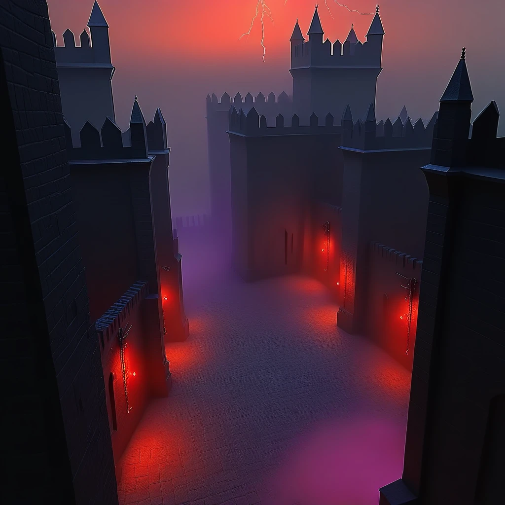 cpolldreamyfortress, cpolldfhatcd, high above the courtyard, otherworld, above courtyard, outdoor, orange sky, orange lightnings in sky, vivid purple mist