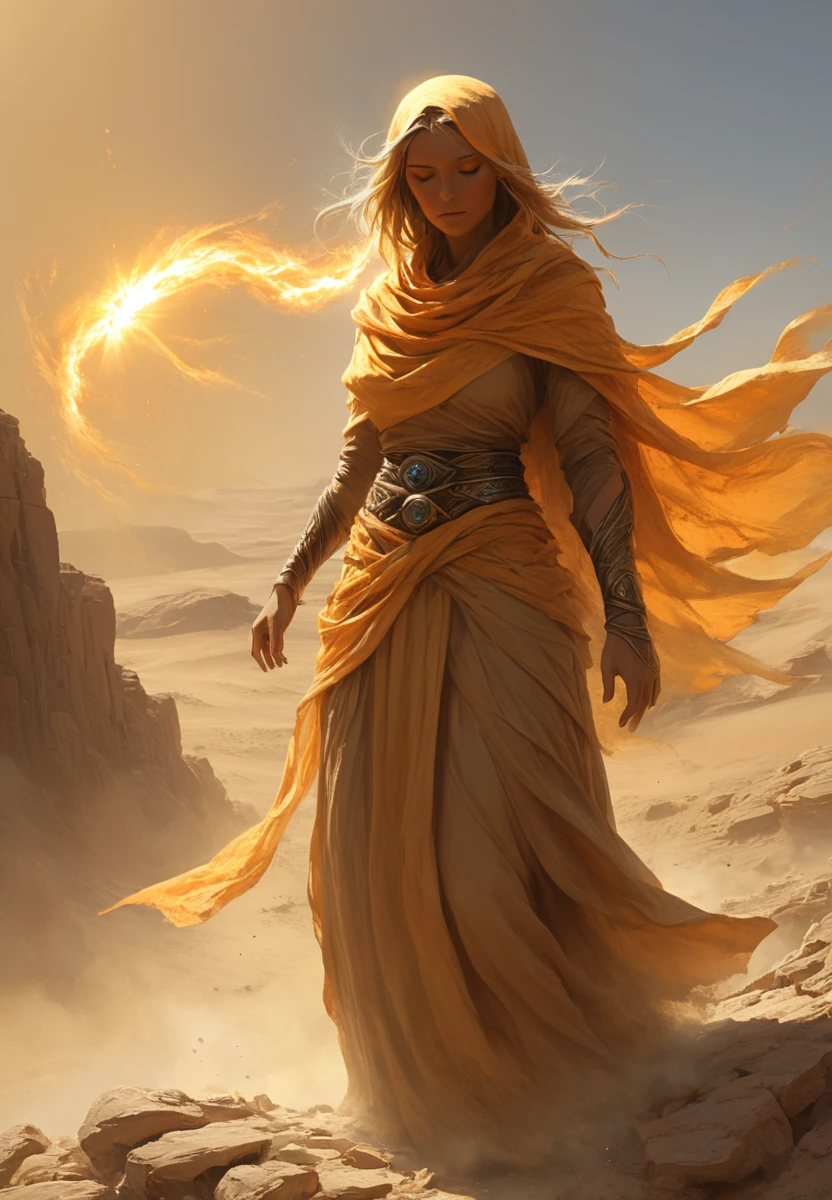 Wise One (Aiel): A stoic Aiel Wise One, wrapped in layers of desert robes, stands on a rocky plateau beneath the blazing sun, weaving a spell of air and spirit to protect her clan. Her hands move fluidly as she draws the wind into a massive barrier, her sun-scorched face resolute as the shimmering wall shields her people from a coming sandstorm. Her power radiates like heat from the desert sands. <lora:artfullyWOT1PWR:1>, artwot1pwr,