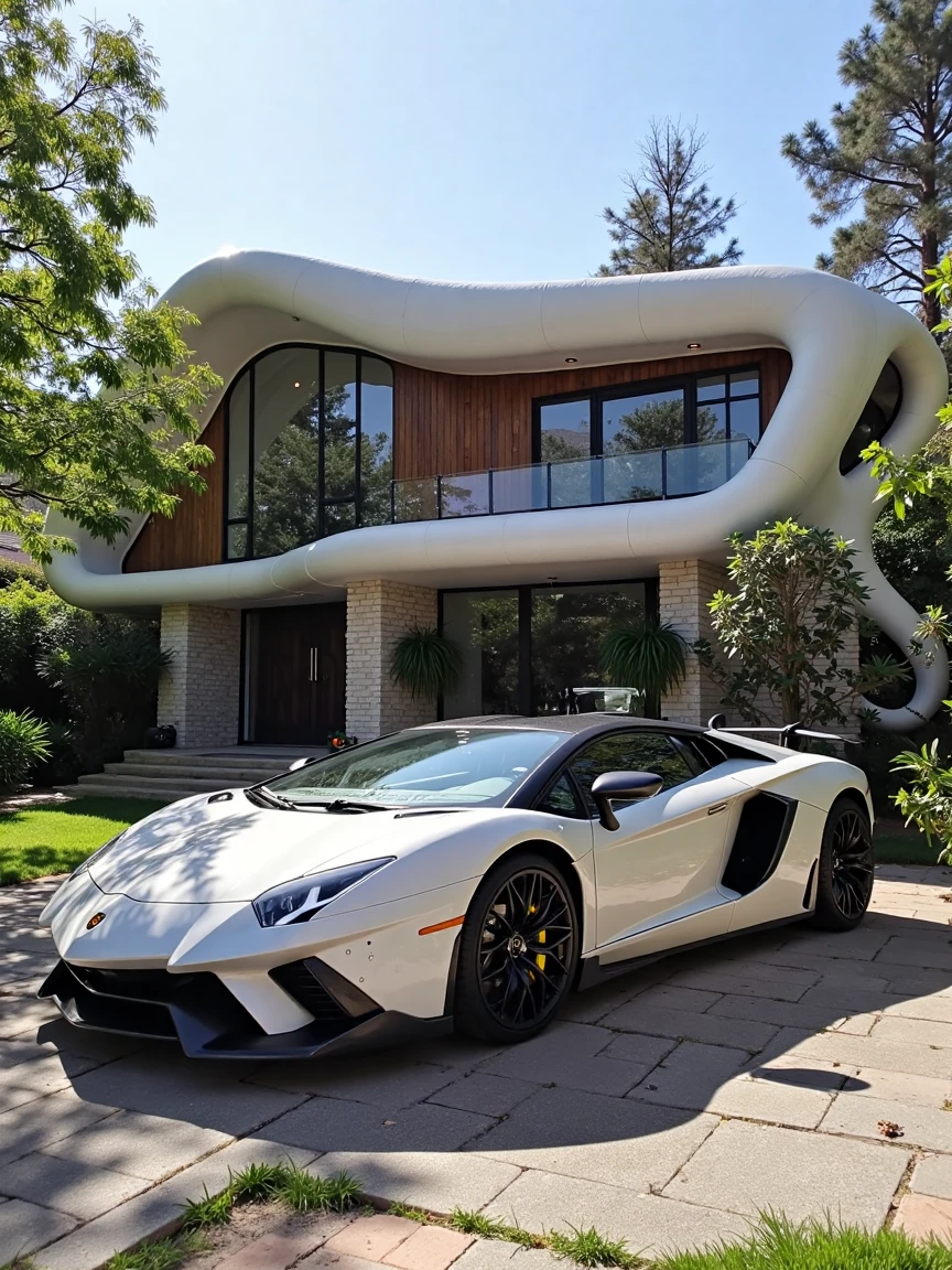 iPhone photo, a mclaren sports car parked in front of a futuristic vintage mansion