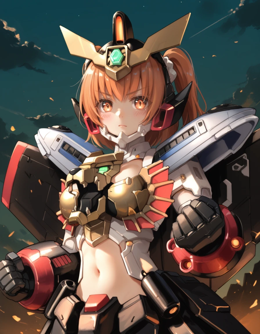 (score_9:0.9),score_8_up,score_7_up,rating_safe,(zPDXL3),(zPDXL),
<lora:GaoGaiGar girl ponyXL v1:0.8>,
 gaogaigar, 1girl, solo, mecha musume, looking at viewer, green theme, navel, monochrome, clenched hands, damaged, blush, glowing, sky, glowing eyes, personification, medium breasts, v-shaped eyebrows, upper body, black thrusters, full armor, doll joints, gold breast armor, white shoulder armor, black armored skirt, black headgear, black mechanical gloves, v-fin