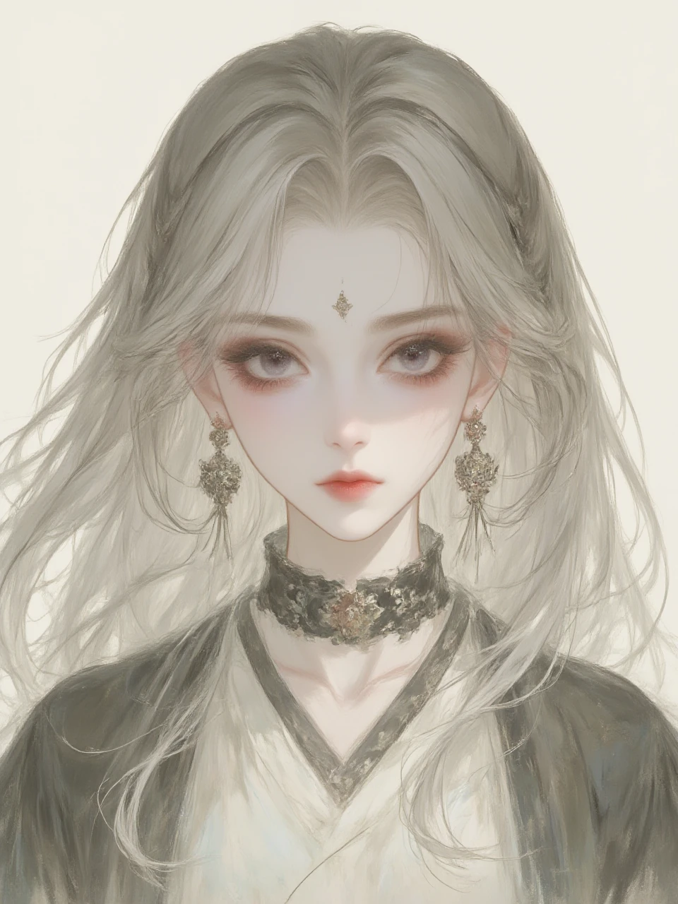 ( front wiev)a girl with white hair. looking upwards with a calm,dreamy expression.peeking over her hair and looking down at her with wide eyes. The artwork has a soft,illustrative style,and the girl's lips are slightly parted,adding to the serene mood. She is wearing a choker,long wave white hair The background is neutral,emphasizing the characters.,