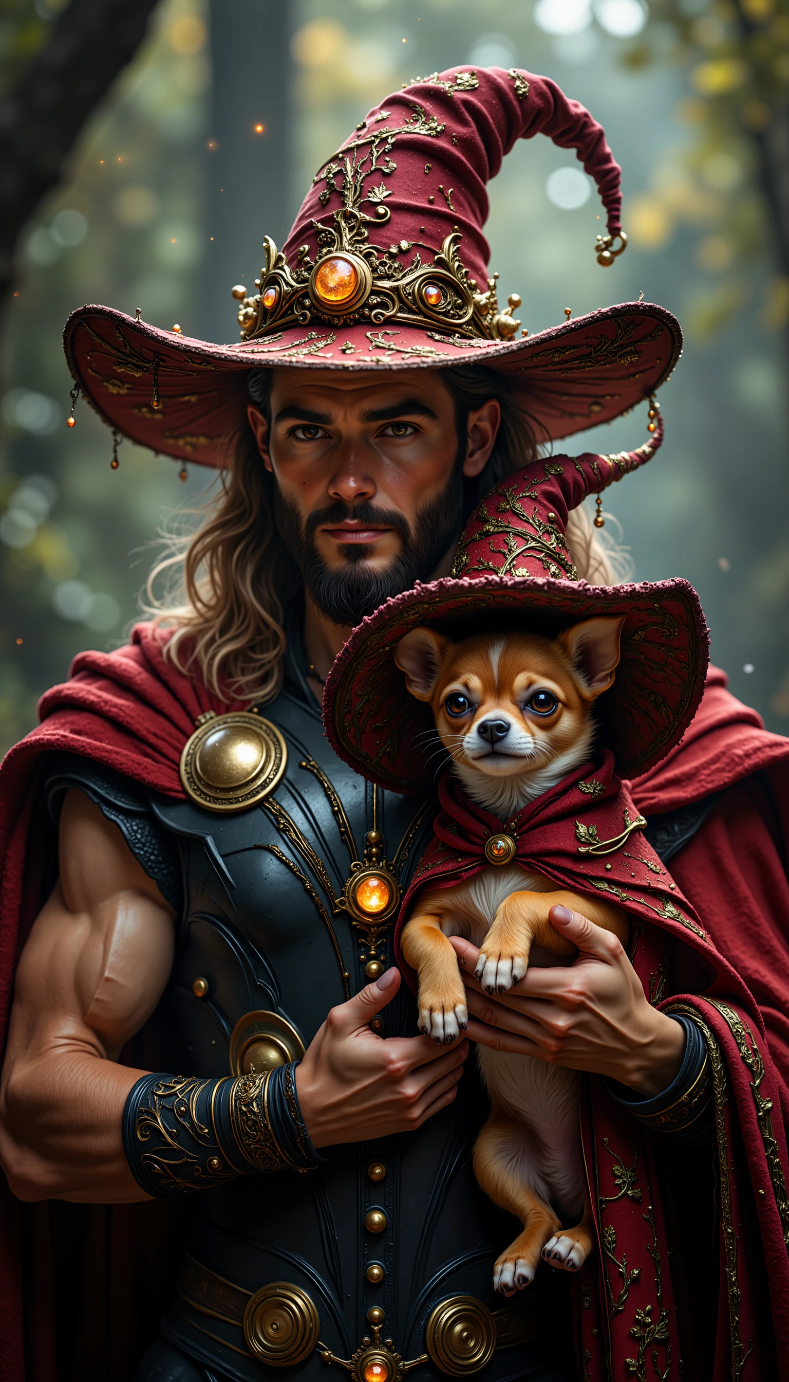 Thor wearing a witch hat while holding a chihuahua that is also wearing a witch hat, <lora:Flux_Witch_Hats_local_v1.safetensors:1.0:1.0>