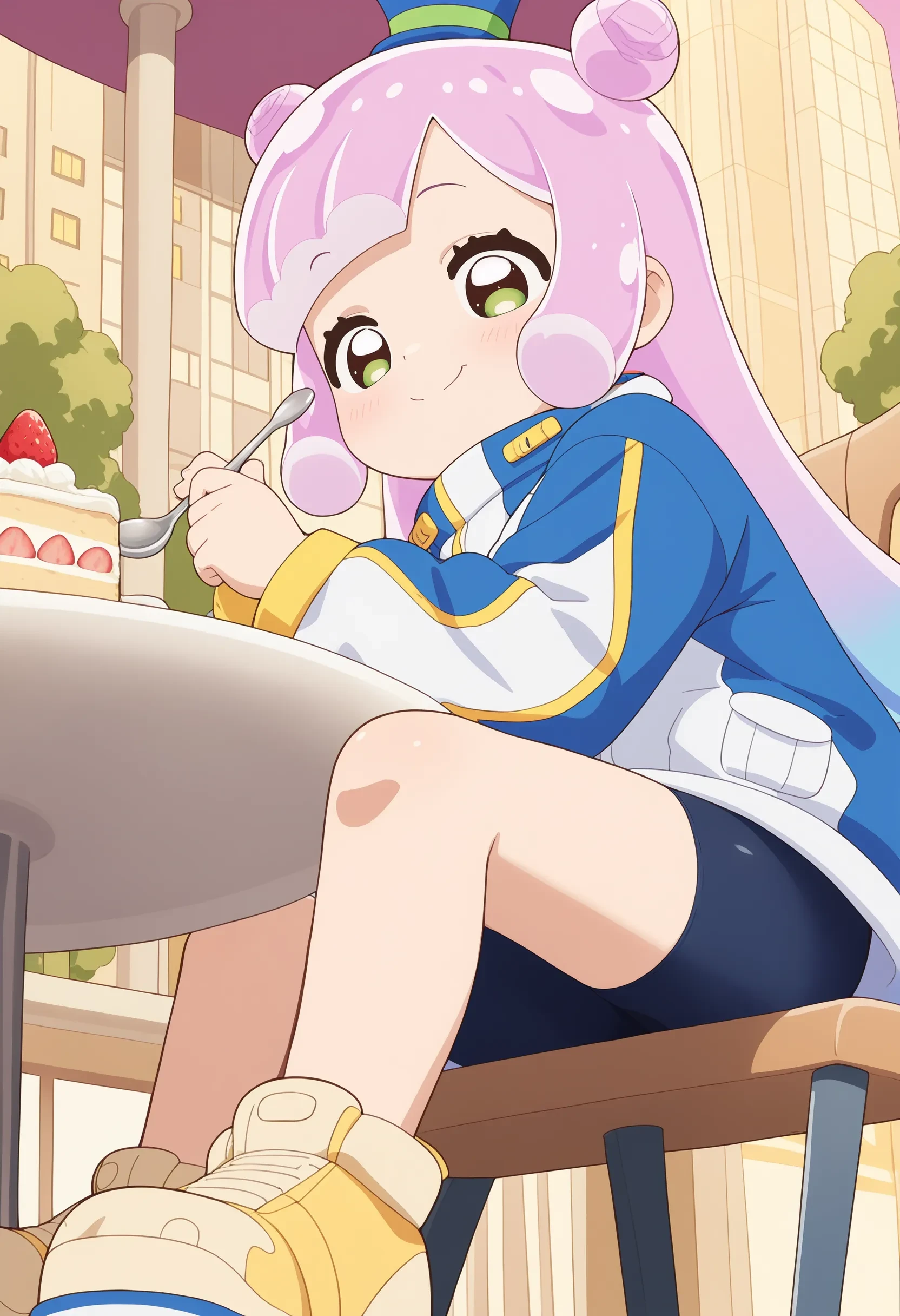 1girl, puniru \(puniru wa kawaii slime\), pink hair, blue hair, multicolored hair, double bun, long hair, green eyes, mini hat, jacket, black bike shorts, yellow shoes, platform footwear, 
upper body, plate, cake slice, whipped cream, strawberry, holding spoon , table, looking down,from below , Sensual, A deep, intense gaze, a slow, deliberate smile, and a relaxed posture., solo, solo focus, outdoors, city, 
masterpiece, best quality, absurdres, unity 8k wallpaper, official art, official style, source_anime, uncensored, anime screencap, anime coloring, (ai-generated:0.6) <lora:PKS-puniru_XL(ill)v10t:1>