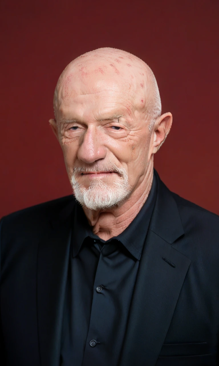 (detailed face:1.2),source_photo,score_9, score_8_up, score_7_up,solo,1boy,Jonathan banks,1boy, old, old man,bald,upper body,black suit,simple background