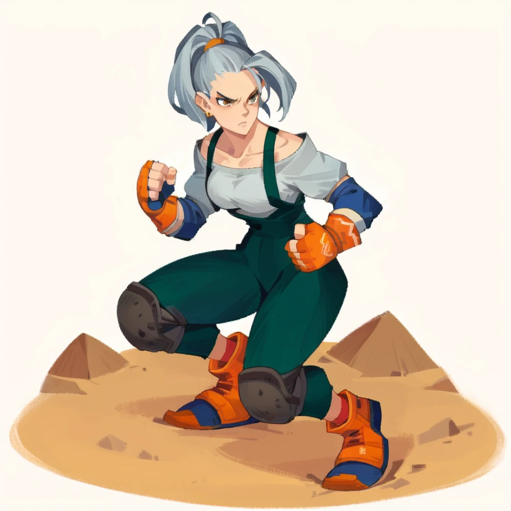 score_9, score_8_up, score_7_up, score_6_up, <lora:Epon_Tobal_-_PonyXL:0.75> solo, 1girl, epon, gloves, knee pads, fingerless gloves, earrings, full body, orange footwear, ponytail, grey hair, orange gloves, collarbone, dark green overalls, default outfit, grey shirt, elbow pads, blue elbow pads, dynamic pose, dynamic angle, fierce, fighting stance, face focus, simple background, desert <lora:princess_xl_v1:1>  <lora:afkArenaStylePony:1>