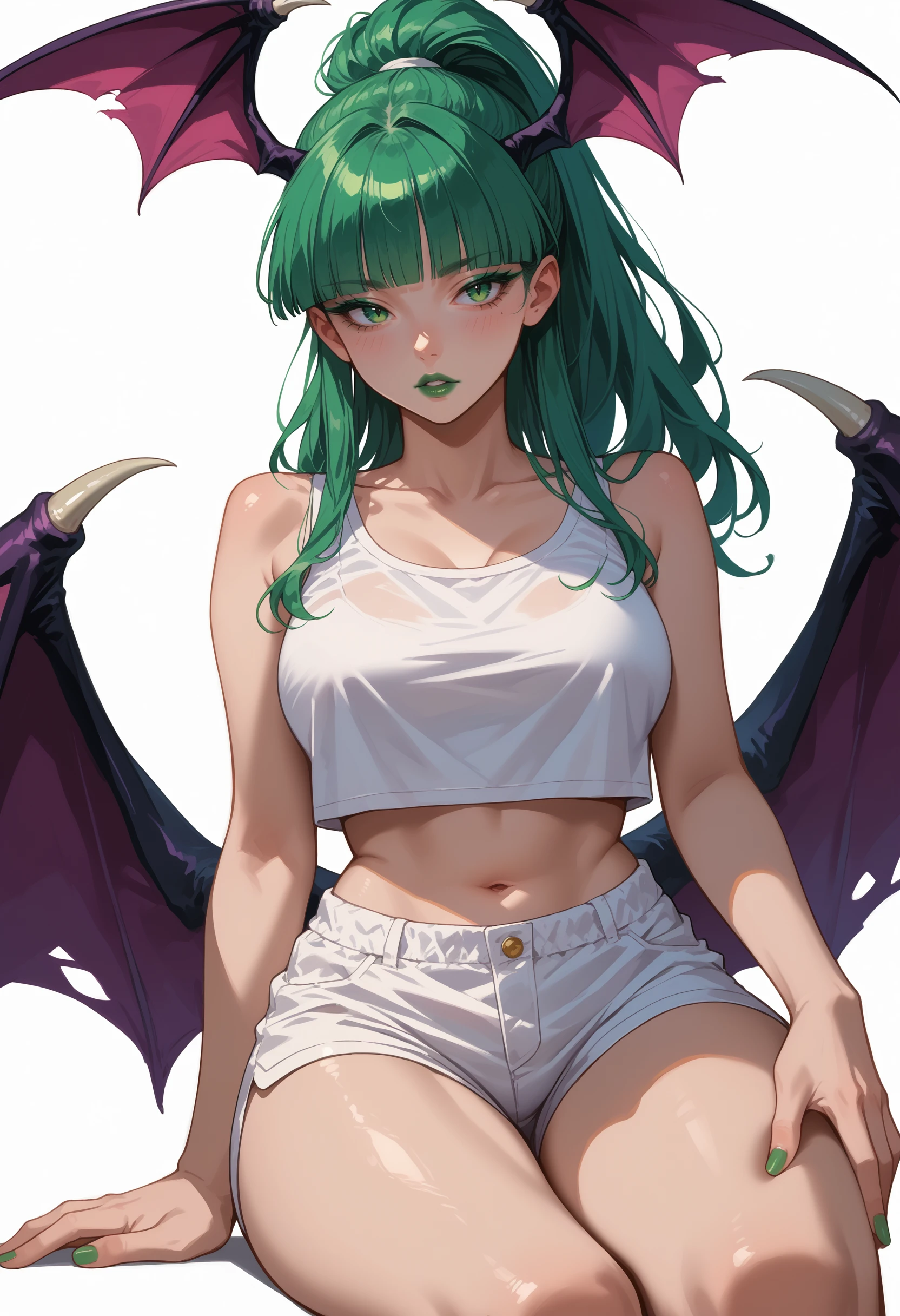 score_9, score_8_up, score_7_up, source_anime, <lora:wrenchDarkstalkersMorriganAensland:1>, dsmorae, long hair, green hair, blunt bangs, green eyes, large breasts, 
head wings, bat wings, low wings, purple wings, 
white shorts, short_shorts, white tank top, parted lips, high ponytail, hand on thighs, midriff, thighs, white background, green lipstick, green eyeliner, loose shirt, crop top overhang, sleeveless,