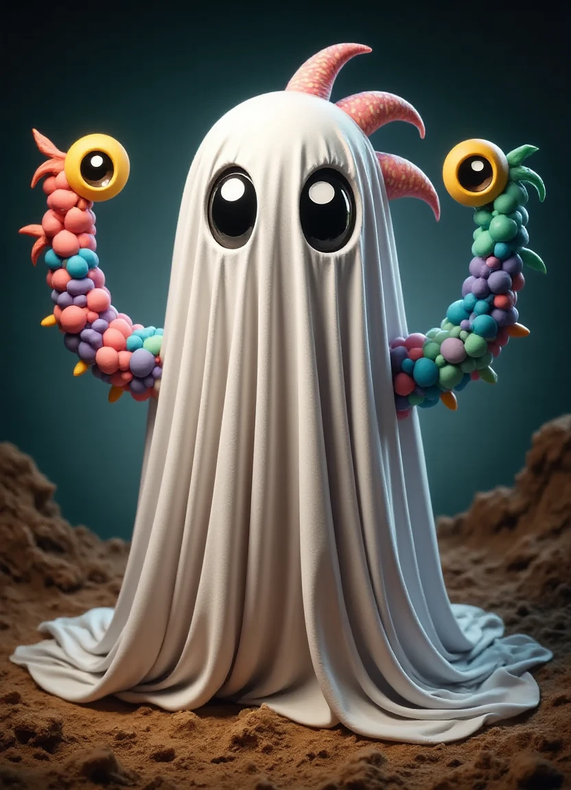 a surreal image of a white ghost wearing a colorful toucan costume in the style of Don M.