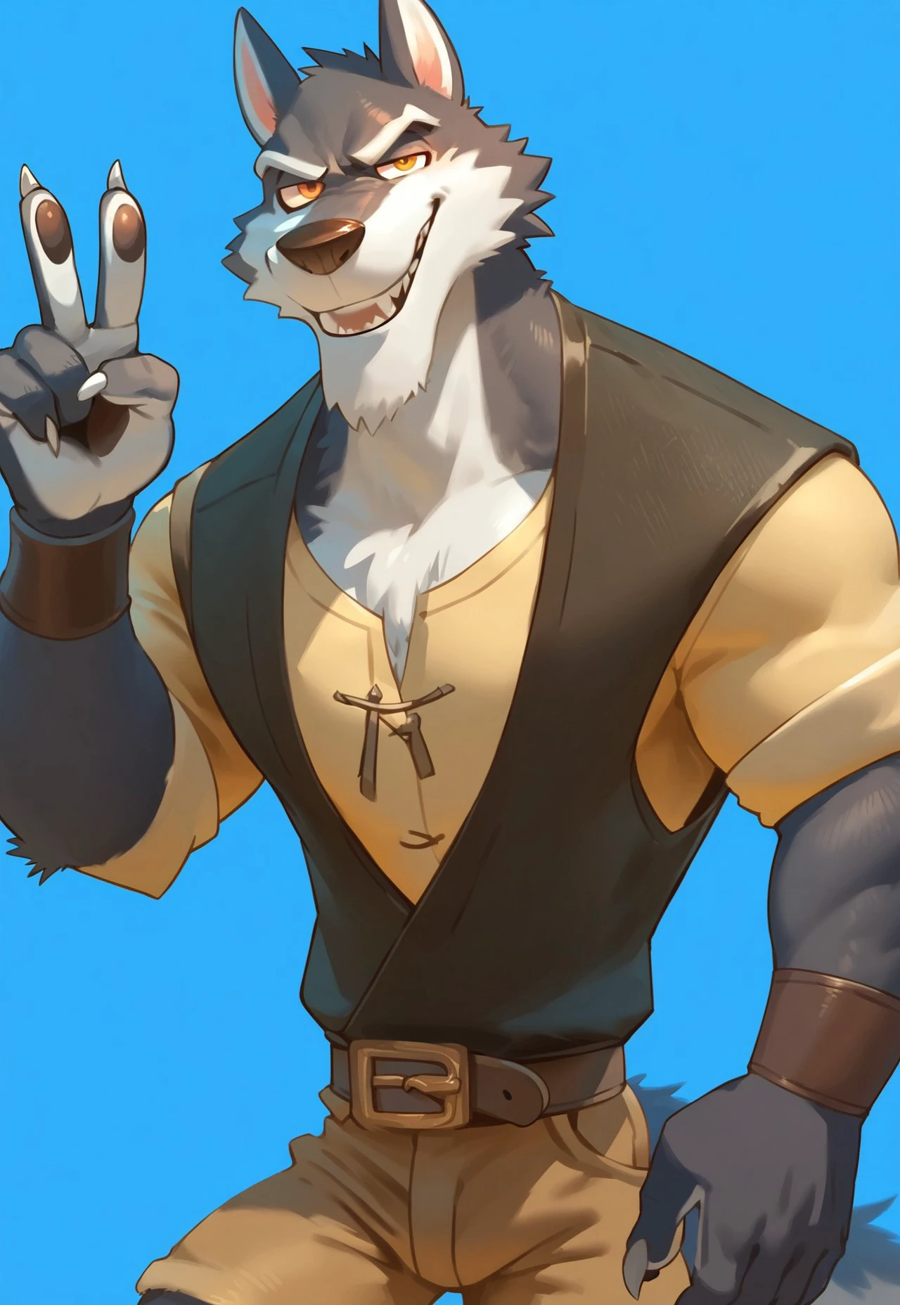 score_9, score_8_up, score_7_up, source_furry, Expressiveh, blue background, bold lines, Shredder, Dark Blue Fur, Wolf, Male, Anthro, Solo, Orange Eyes, Tan Shirt, Brown Vest, Brown Shorts, Belt, Wristband, looking at viewer, smug, peace sign