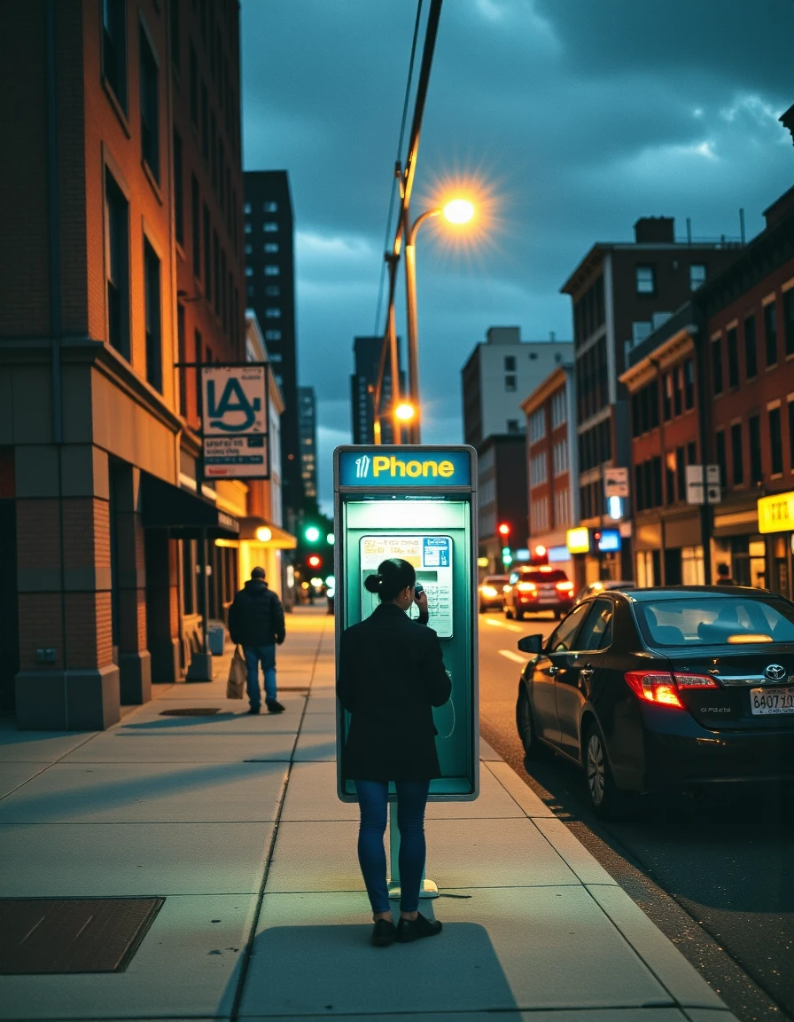 <lora:Payphones-000001:1>(slighty above:1.4) shot taken in the distance of a dark mysterious street lit by poorly lit streetlights on a (stormy New York evening:1.6). A single payphone booth faces the sidewalk in distance glows blue with a lonely girl  using the payphone.  Street lights are the only sources of light on the street.  <lora:aidmaMJ6.1_v0.3:1>