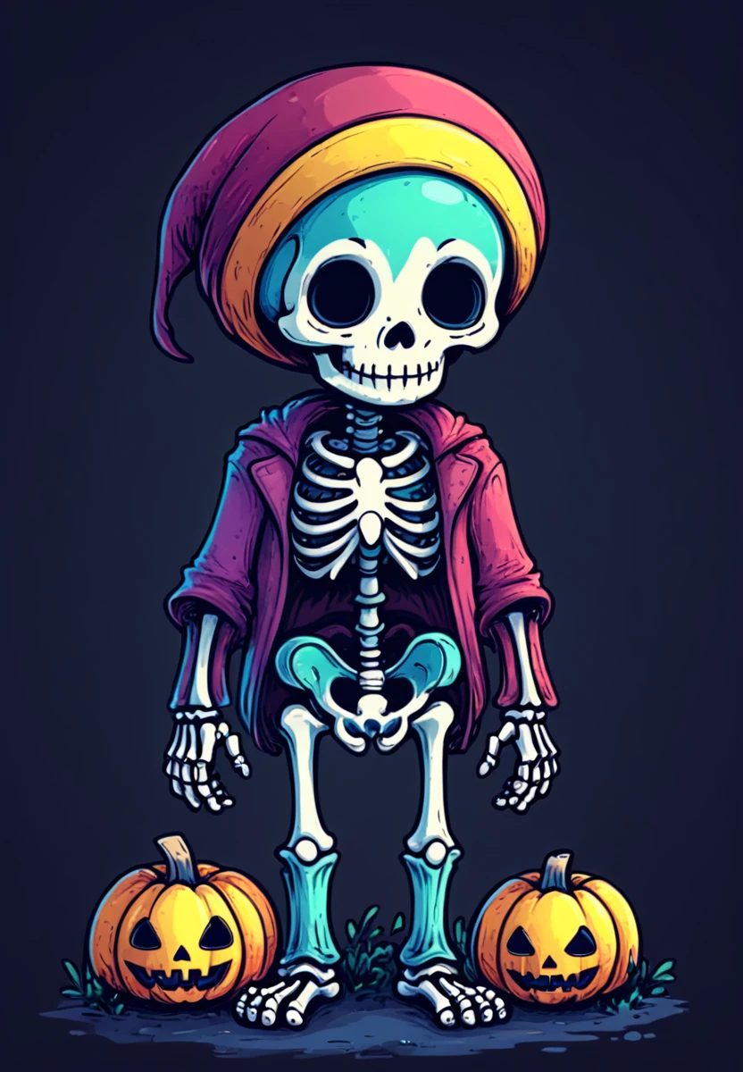 cute skeleton get out of a brown closet holding a rainbow coloured pumpkin, image 2d