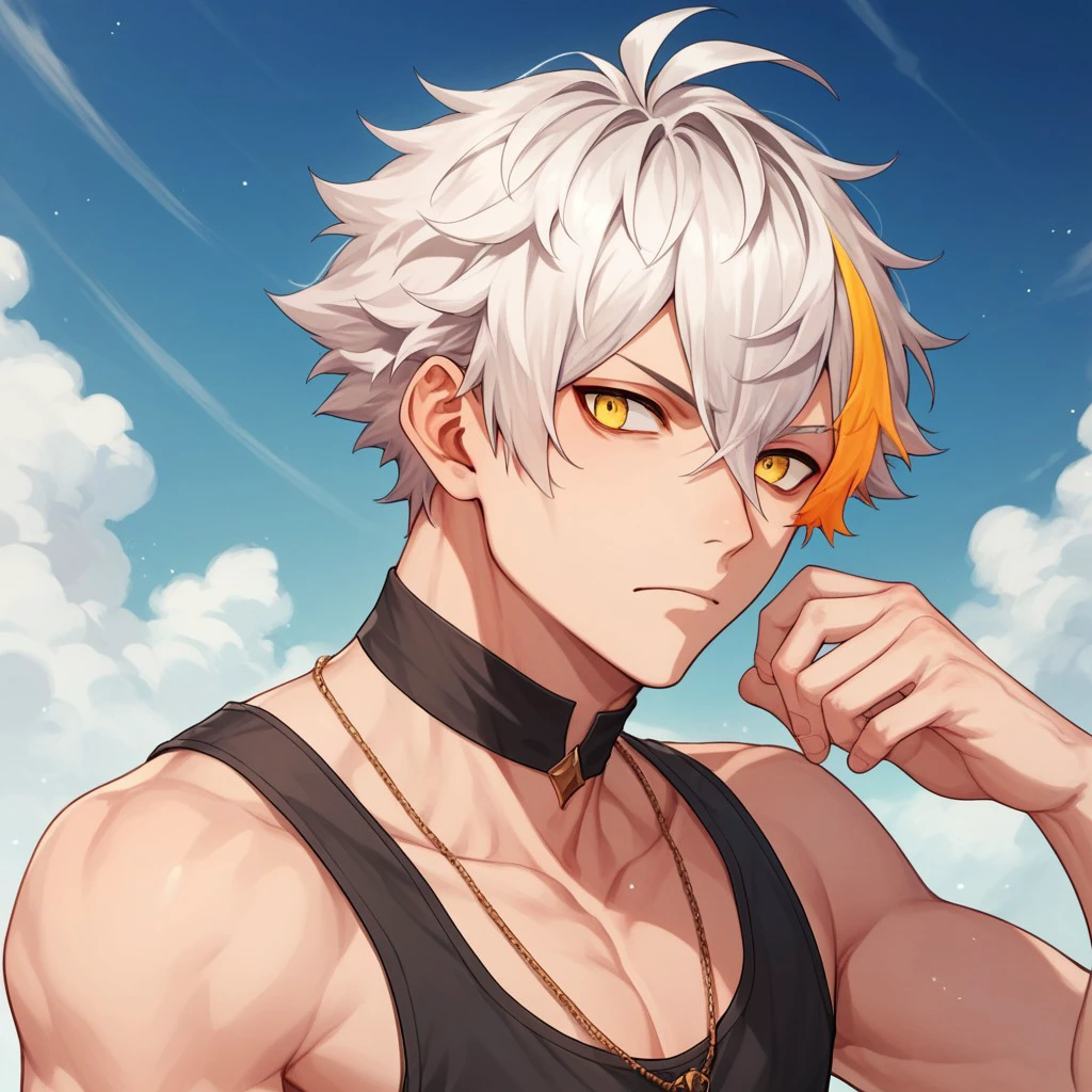 Mizuki, male,white hair,highlight hair,orange streaked hair,yellow eyes,lean body,score_9_up, score_8_up, score_7_up, score_6_up, score_5_up, score_4_up