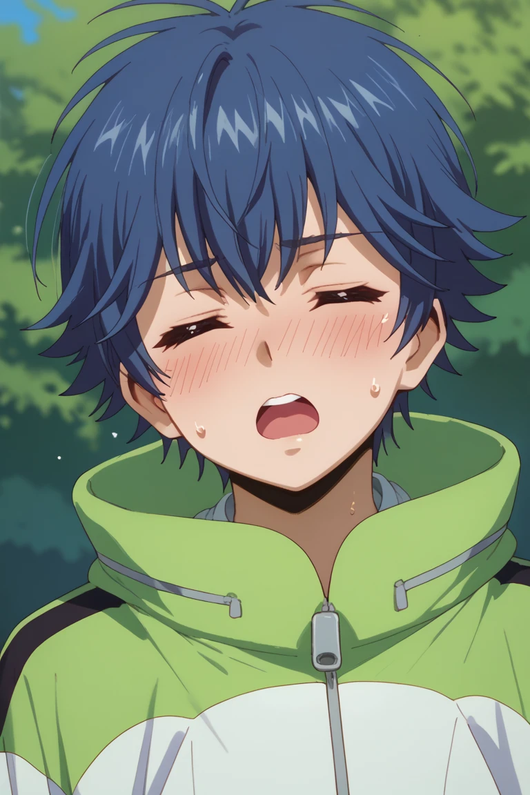 score_9, score_8_up, score_7_up, score_6_up, yu-yu kondo, blue hair, purple eyes, official style, white with green jacket, closed eyes, 1boy, blush, solo, open mouth, male focus, sweat, close-up, short hair