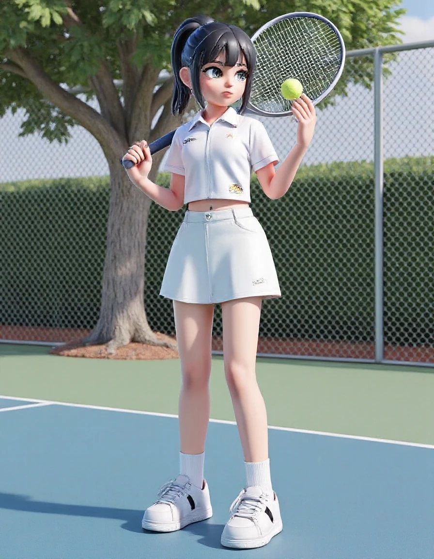 1girl, racket, tennis racket, tennis ball, solo, tennis uniform, ball, black hair, sportswear, sneakers, tree, chain-link fence, shoes, fence, outdoors, skirt, ponytail, realisticï¼<lora:fasion:0.8>