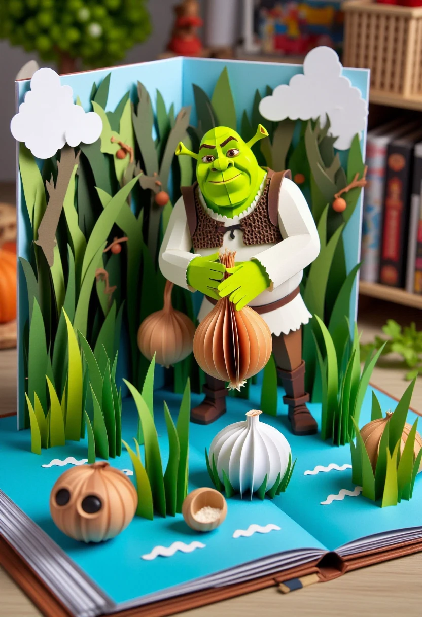 <lora:Pop-up_Book_Papercraft_Plotter_FLUX:1>
The image is a highly detailed, vibrant, photograph of a scene from a pop-up book, featuring Shrek in a swamp, holding an onion.