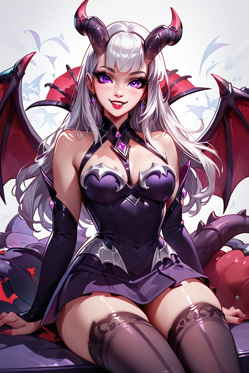 score_9, score_8_up, score_8, medium breasts, (curvy), cute, eyelashes,       BREAK, , ,,,   zzAlice, purple eyes, white hair, long hair, horns, demon horns, demon girl, wings, bare shoulders, demon wings, large breasts, thighhighs, dress, cleavage, lipstick, <lora:Alice_ML_PDXL:0.8>,  ,,,, BREAK, ,,, smile, looking at viewer, blush, blurry, couch, sitting, ,,, shiny skin, <lora:ProAnime_PDXL_v1:0.7>, ,,, embedding:zPDXL, Expressiveh, <lora:SDXLFaeTastic2400:0.5>, <lora:Expressive_H-000001:0.4>,