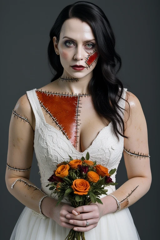 a photo of a woman with extremely stitched red orange and black frankenzombie skin wearing a white wedding dress and holding dead flowers