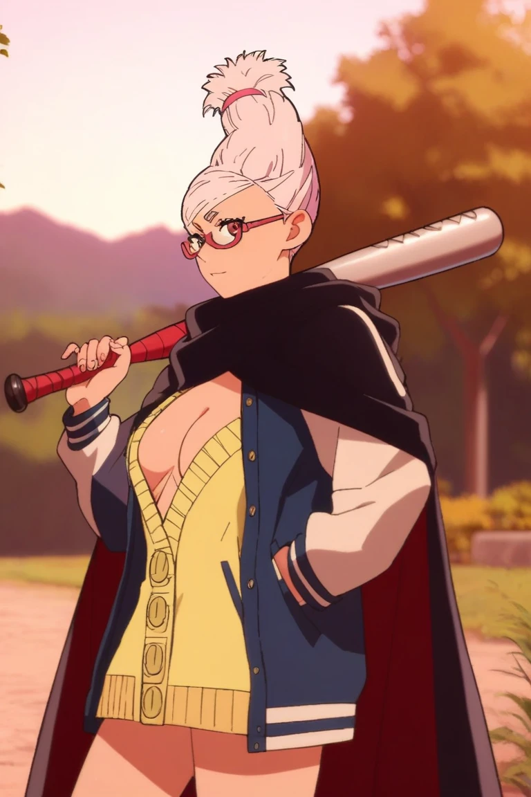 score_9, score_8_up, score_7_up, 1girl, solo, s3iko 4yase, white hair, red-framed eyewear letterman jacket, cape, cleavage, open clothes, cowboy shot, looking at viewer, baseball bat, over shoulder, hand in pocket, outdoors