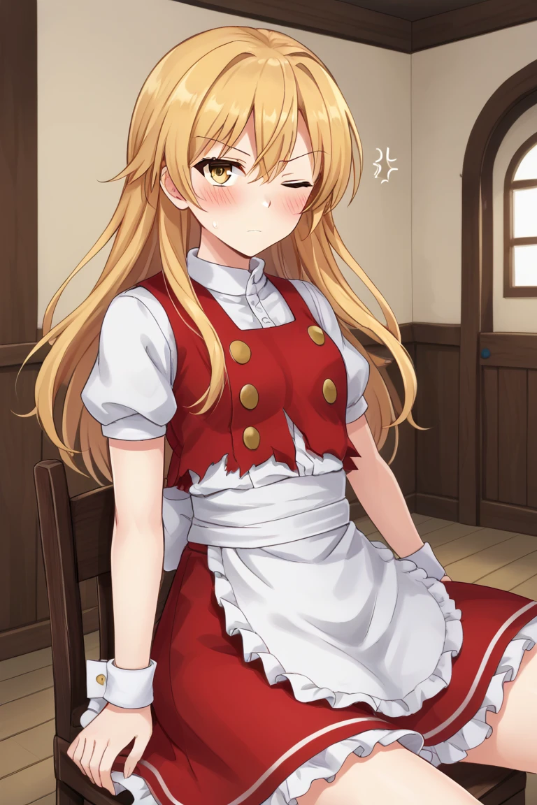 1girl, solo, marisawosd, blonde hair, long hair, hair down, yellow eyes, hair bow, red bow, white shirt, short sleeves, puffy sleeves, red vest, torn vest, buttons, wrist cuffs, waist apron, red skirt, sitting, chair, wink, blush, annoyed, indoors, old house, wooden house, looking at viewer, facing the viewer,