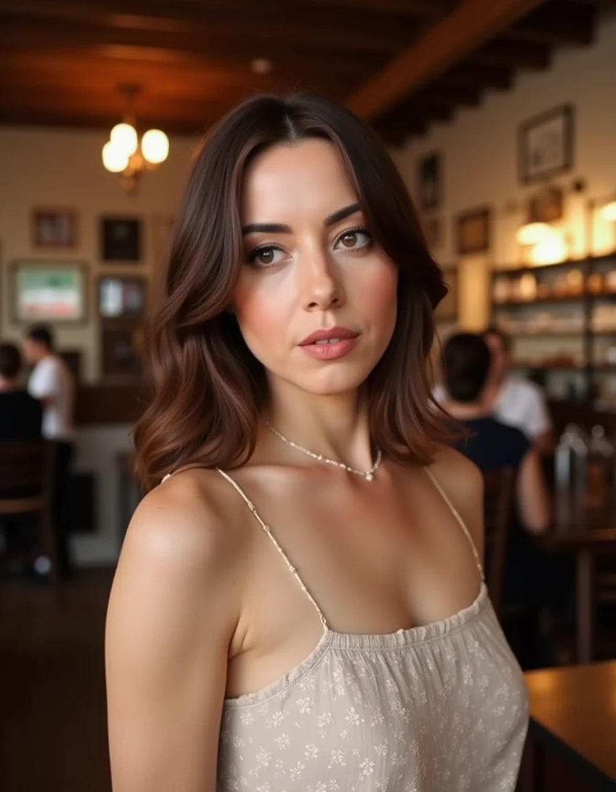 <lora:Aubrey_Plaza_Flux:1> beautiful detailed photograph, Shoulder length brown hair,  makeup, wearing a dress, standing in cafe looking at the viewer