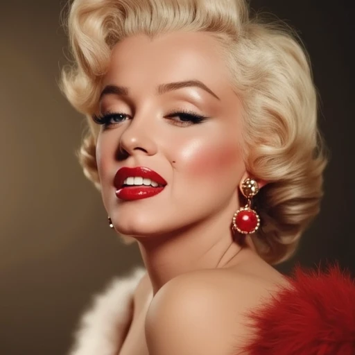 earthy tone. The woman, colorized photograph of Marilyn Monroe, The image is a high-resolution photograph of a woman with a classic Hollywood glamour style. She has short, color photograph of a woman with a classic, bright red lipstick, styled in a vintage, engaging eyes., a classic Hollywood icon, has platinum blonde