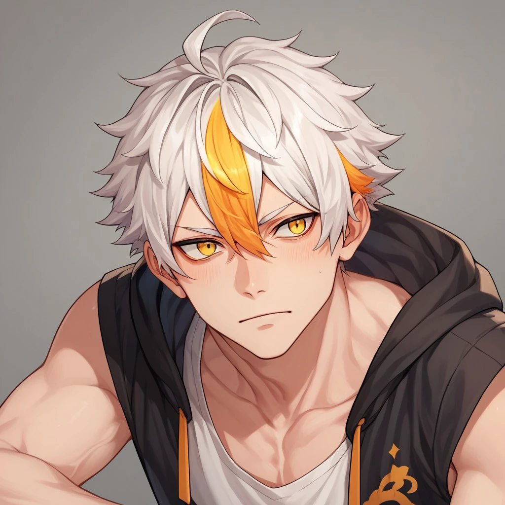 Mizuki, male,white hair,highlight hair,orange streaked hair,yellow eyes,lean body,score_9_up, score_8_up, score_7_up, score_6_up, score_5_up, score_4_up