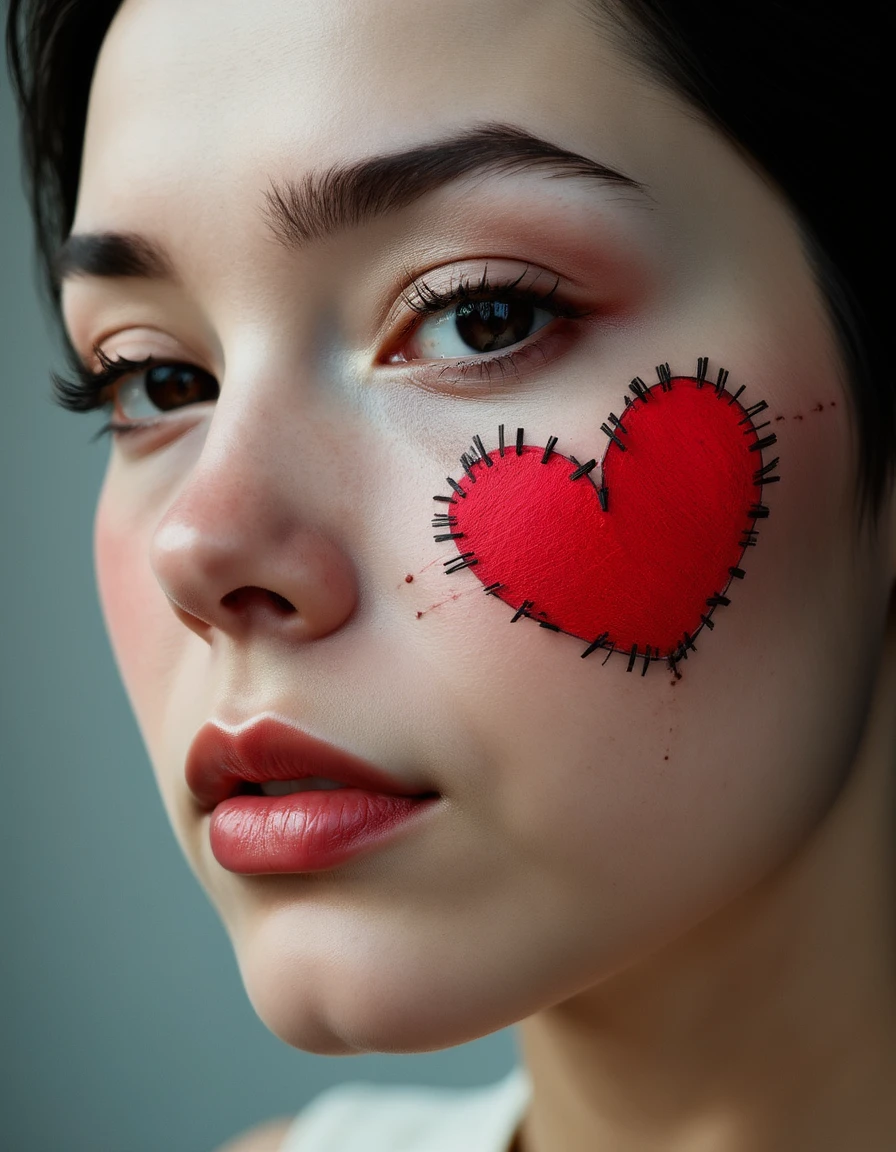 A portrait of a woman with stitched on red heart shaped patchwork_skin on her cheek. Black stitches., best quality, 4k, 8k, high resolution, cinematic, vibrant, intricate, Hyperrealistic, high detail, <lora:XLabs Flux Realism LoRA\flux_realism_lora.safetensors:0.8>, <lora:FLUX_Patchwork_Skin_Merge2_Shurik:1>