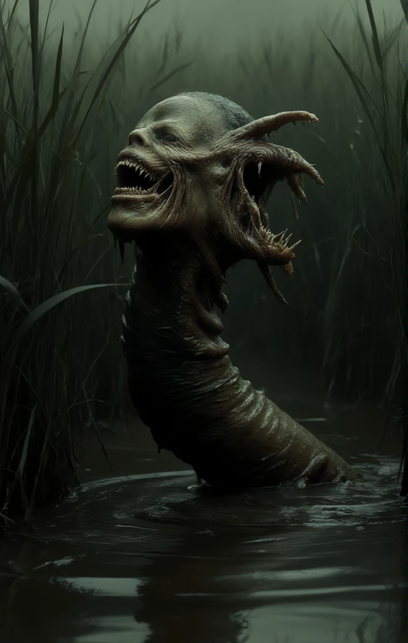 The image portrays a haunting and eerie creature seemingly a fusion of a slimy slug and a human emerging from a murky water body surrounded by tall grasses. The creature's visage is distorted with elongated features sharp teeth and a disheveled appearance suggesting a sense of decay or transformation, side view, imperfect, horror. <lora:- Flux1 De-Distilled - temp_haunting_cre_1.0-step00002400:1>