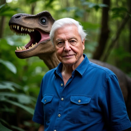 an image of david attenborough wearing a blue shirt standing in a jungle with a dinosaur behind him