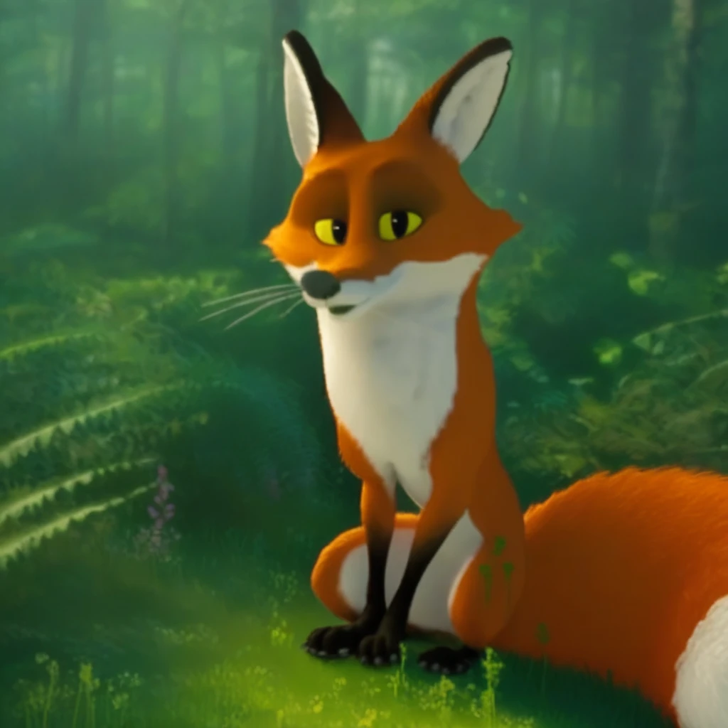 Fink, fox, male, sitting, full body, looking at viewer, forest background