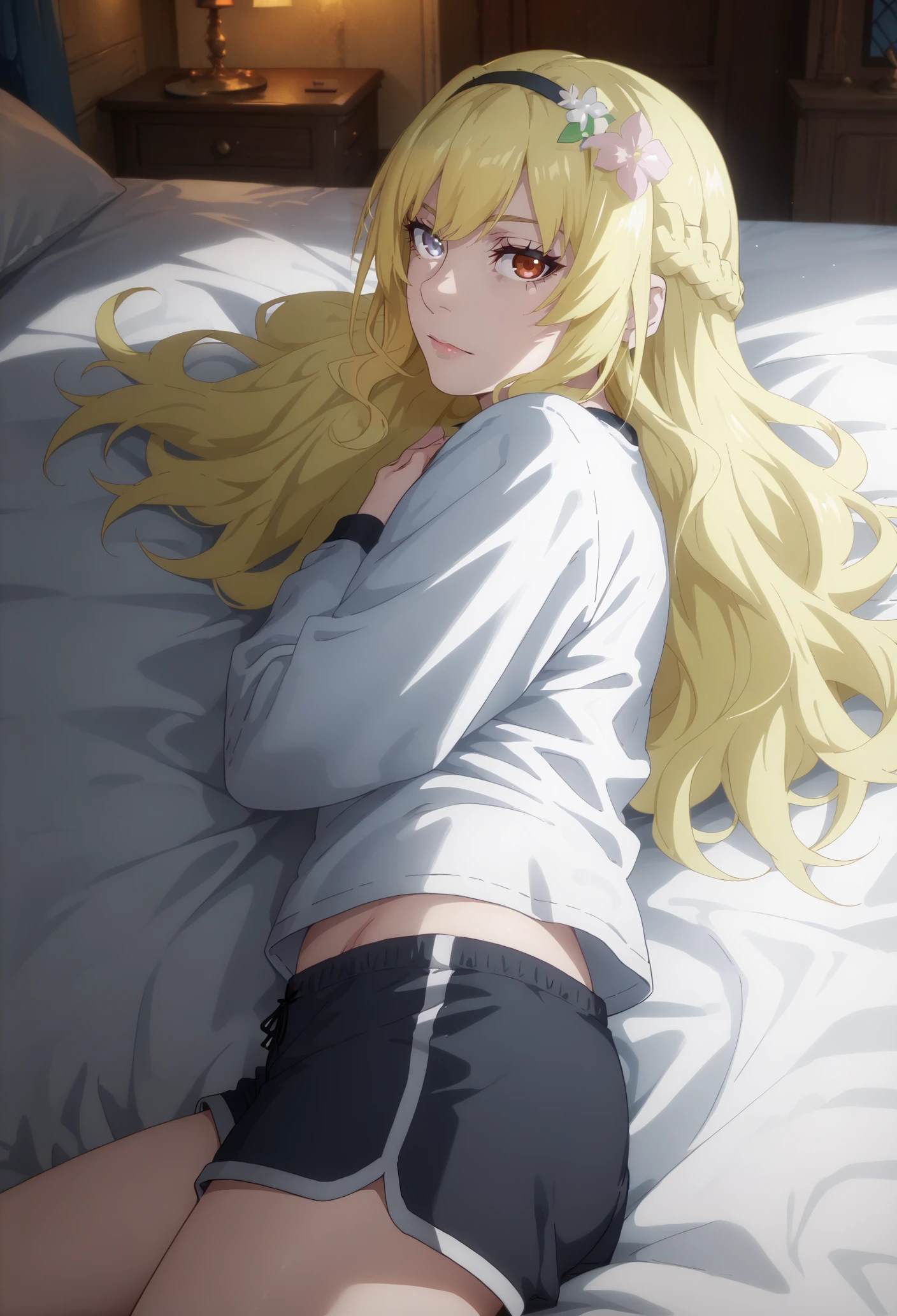 score_9, score_8_up,
1girl, <lora:Acerola_OffSeason_PDXL:0.9>, 1girl, offacerola, blonde hair, french braid, heterochromia, black hairband, hair flower, dolphin shorts,
looking at viewer, half-closed eyes, from side,
indoors, on bed, on back