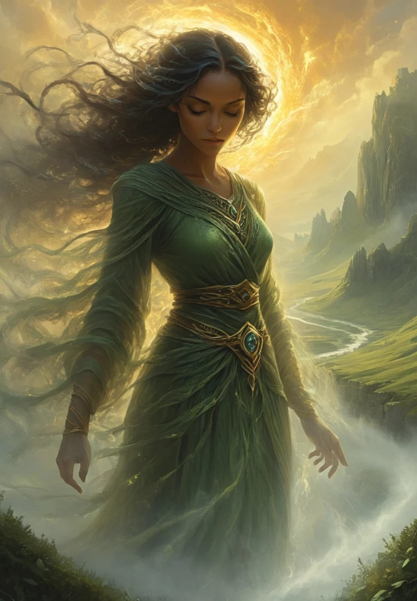 Egwene, in Tel'aran'rhiod, the World of Dreams, weaves an intricate illusion of air and spirit, shaping her surroundings to her will as the landscape bends and shifts around her, her eyes glowing with determination as she asserts control. <lora:artfullyWOT1PWR:1>, artwot1pwr,