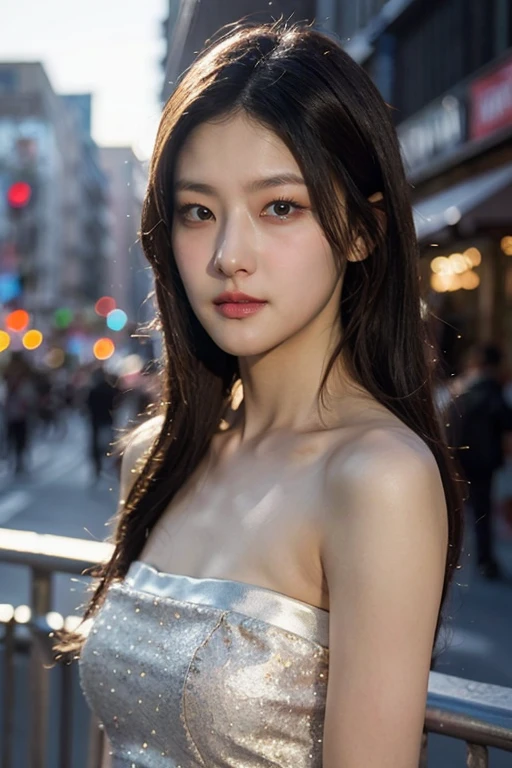 masterpiece, best quality, ultra-detailed, ultra high res, (photorealistic:1.4), raw photo, (realistic:0.2), 8k HDR, realistic cool temperature lighting, (asian:0.2), 1girl, solo, asymmetrical hair, outdoor, day, (city background:1.4), bokeh, (detailed lips), (detailed pores), (detailed skin textures), (detailed face:1.2), (upper body:1.2), a woman in a white strapless tube dress, promotional image, a character portrait,