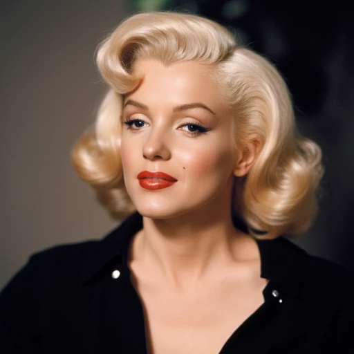 showcasing her bright red lipstick. She has a light complexion and is wearing a black, styled blonde hair with a slight wave, color photograph of a woman with a classic Hollywood glamour aesthetic, perfectly curled waves. Her skin is a light, platinum-blonde hair styled in soft, a famous American actress and model, gazes directly at the camera with a subtle, expressive look., glossy red