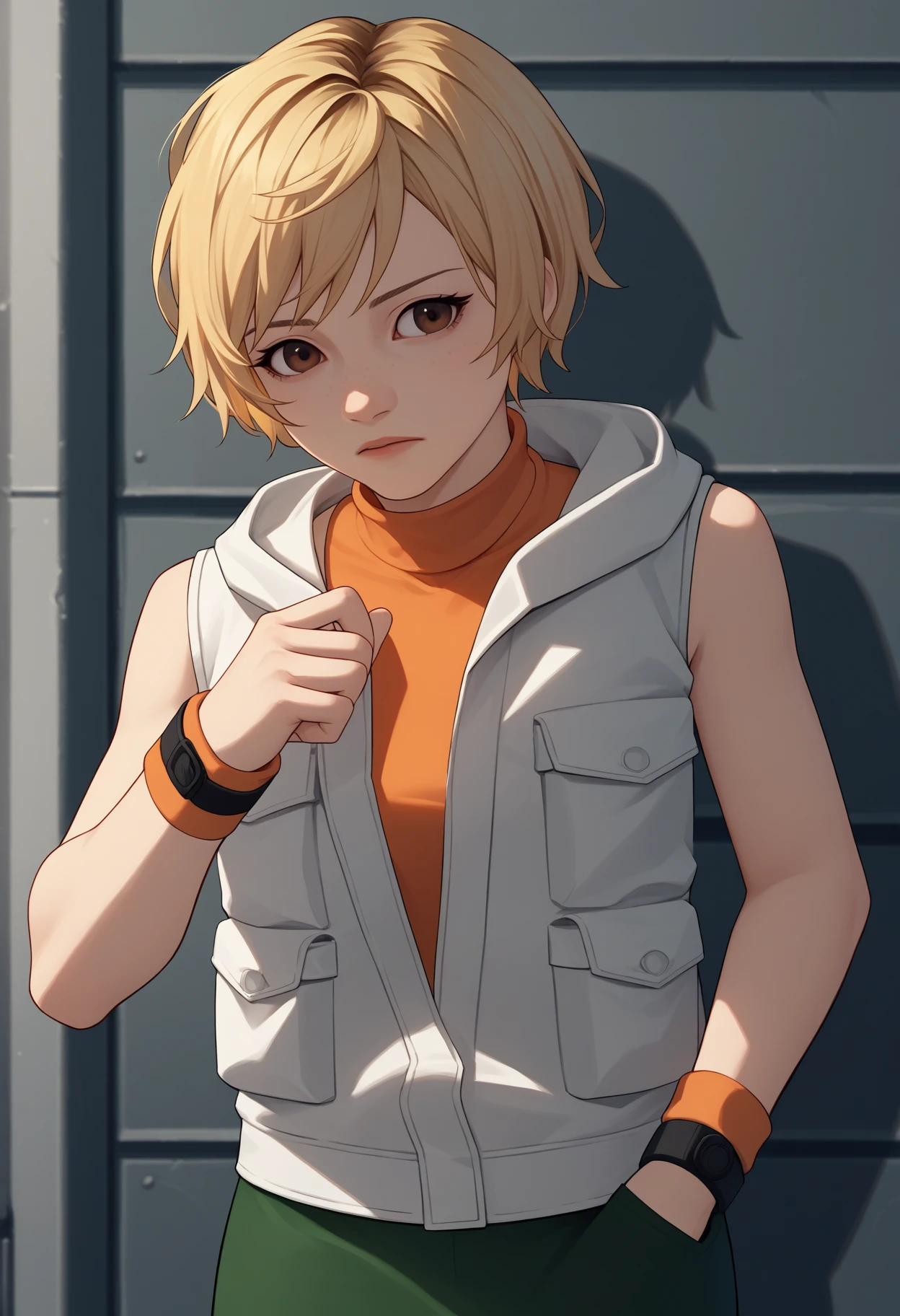 score_9, score_8_up, score_7_up, source_anime BREAK 1girl, solo, <lora:heathermason-silenthill-richy-v1_pdxl:1>  hthrdf, brown eyes, blonde hair, short hair, white vest, orange sweater, turtleneck, sleeveless, wristband, green skirt, hood down