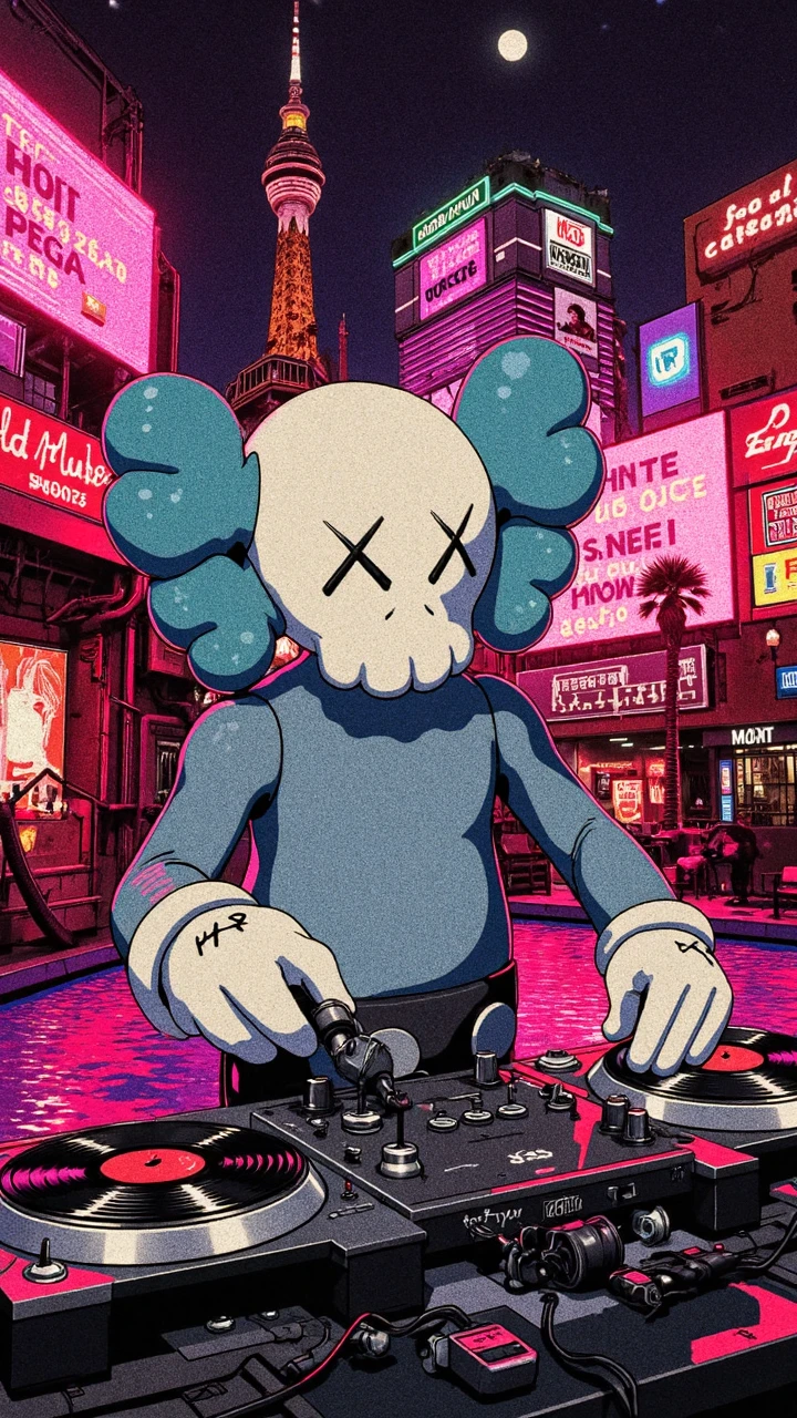 Retro anime style, (kaws), A full body portrait shot of a kaws figurine playing a dj set at a las vegas pool party, standing behind the turntables scratching records, retro anime style